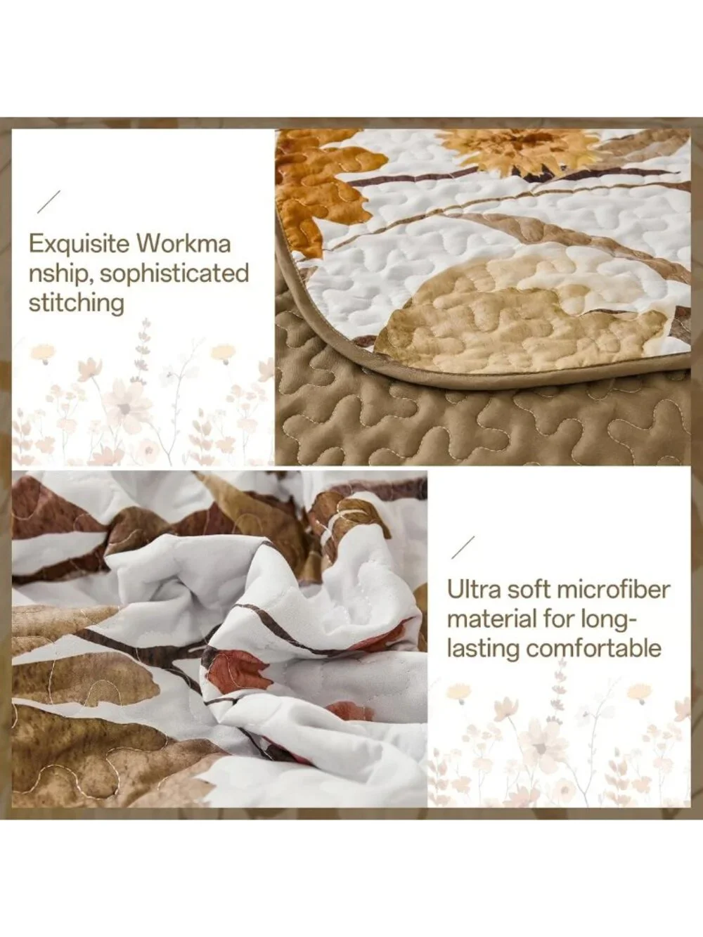Queen Floral Quilt Set - 3 Piece Lightweight Bedspread for Cozy Fall Decor
